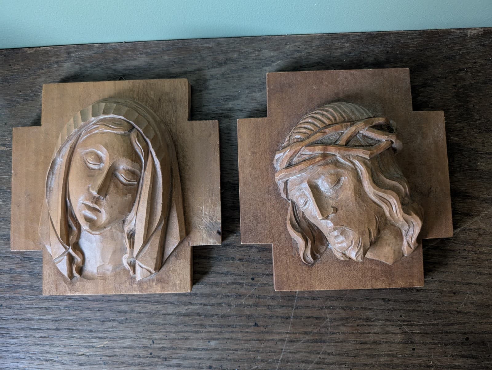 Vintage Carved Wooden Jesus and Mary Wall Hangings Plaques