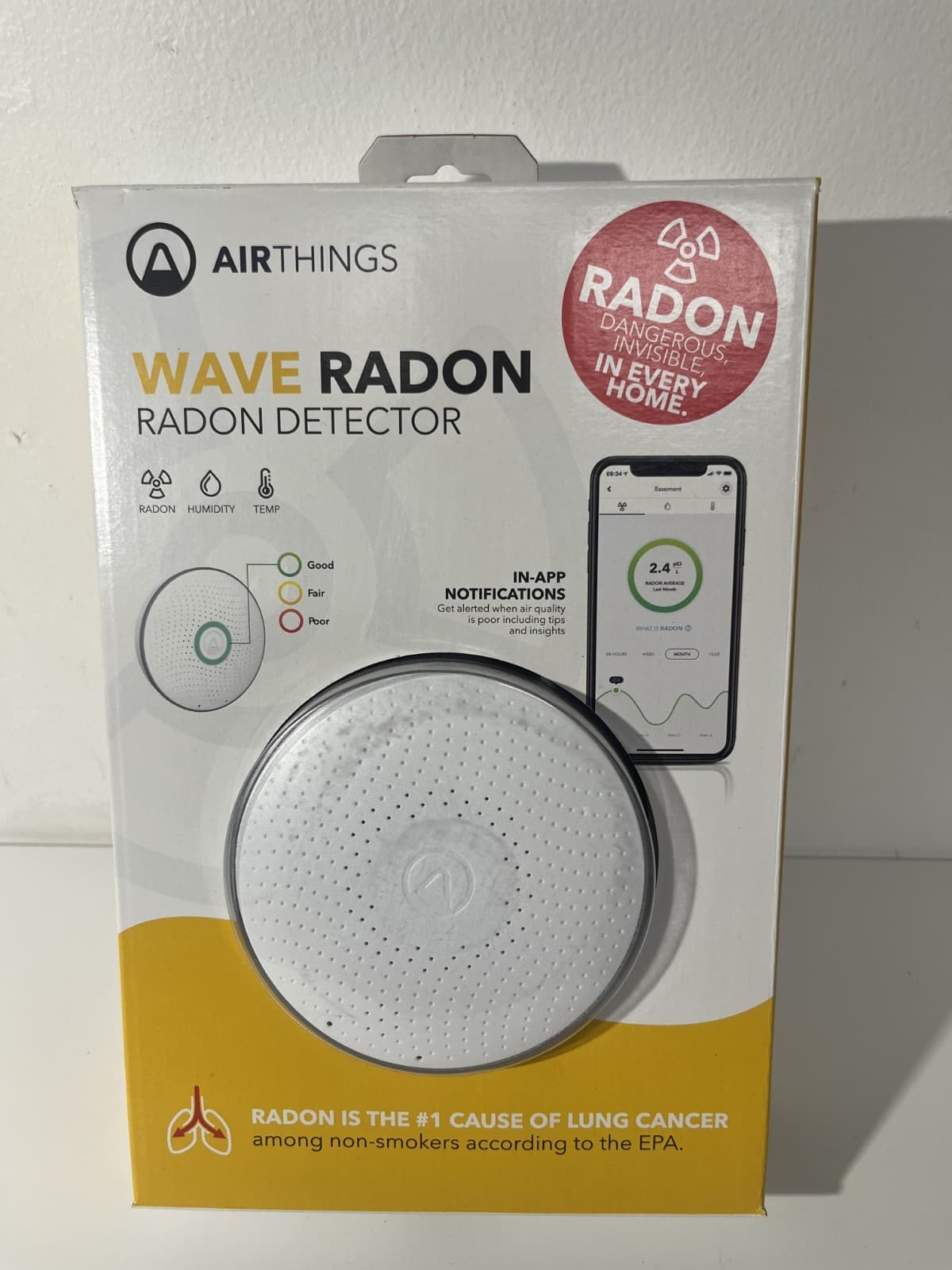 Airthings 2951 Wave Radon Battery Operated Smart Radon Detector NEW