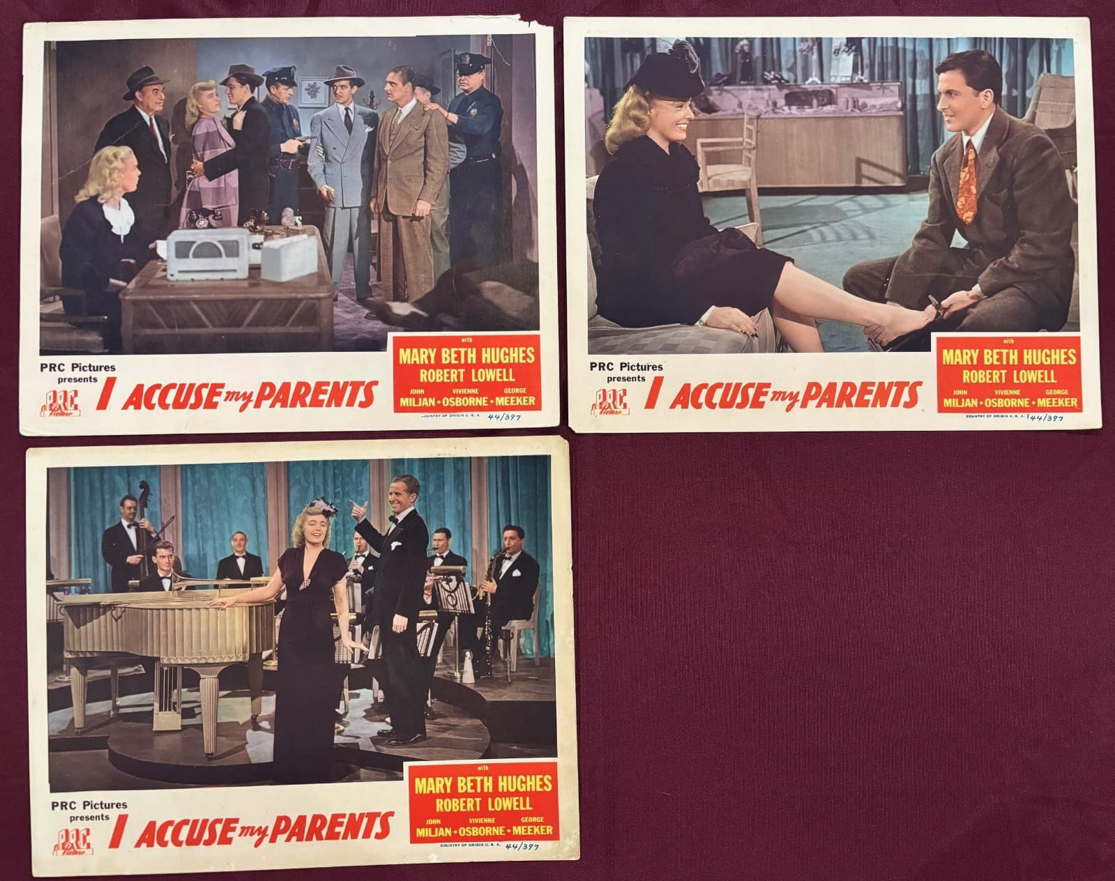 I ACCUSE MY PARENTS LOBBY CARDS (2) 1944 MARY BETH HUGHES ROBERT LOWELL