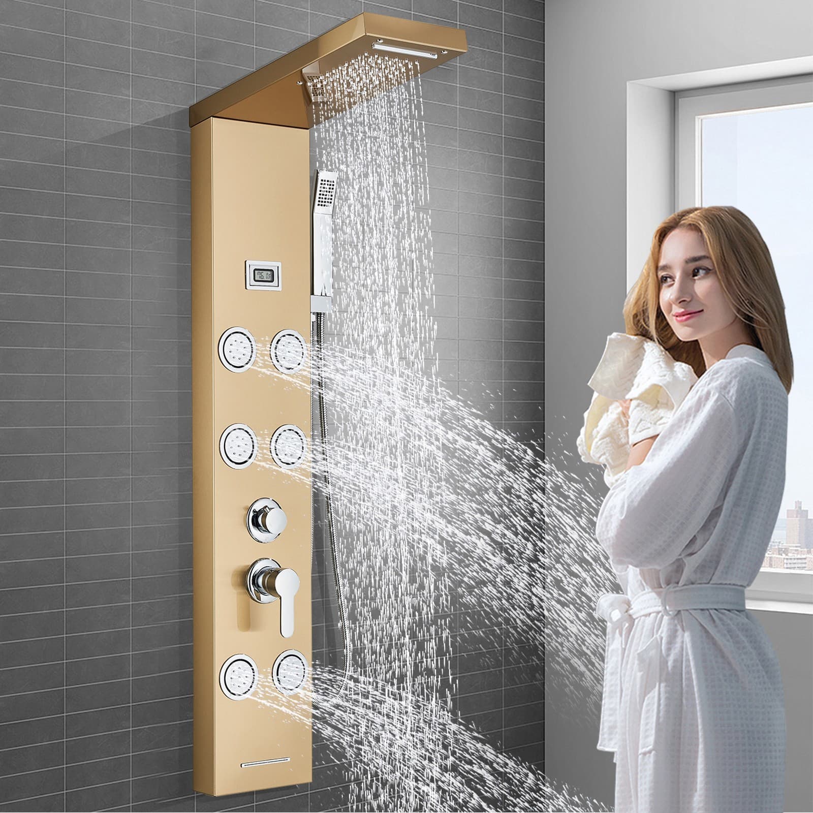 Brushed Gold Rain Waterfall Shower Panel Tower System Body Massage Jets Faucet