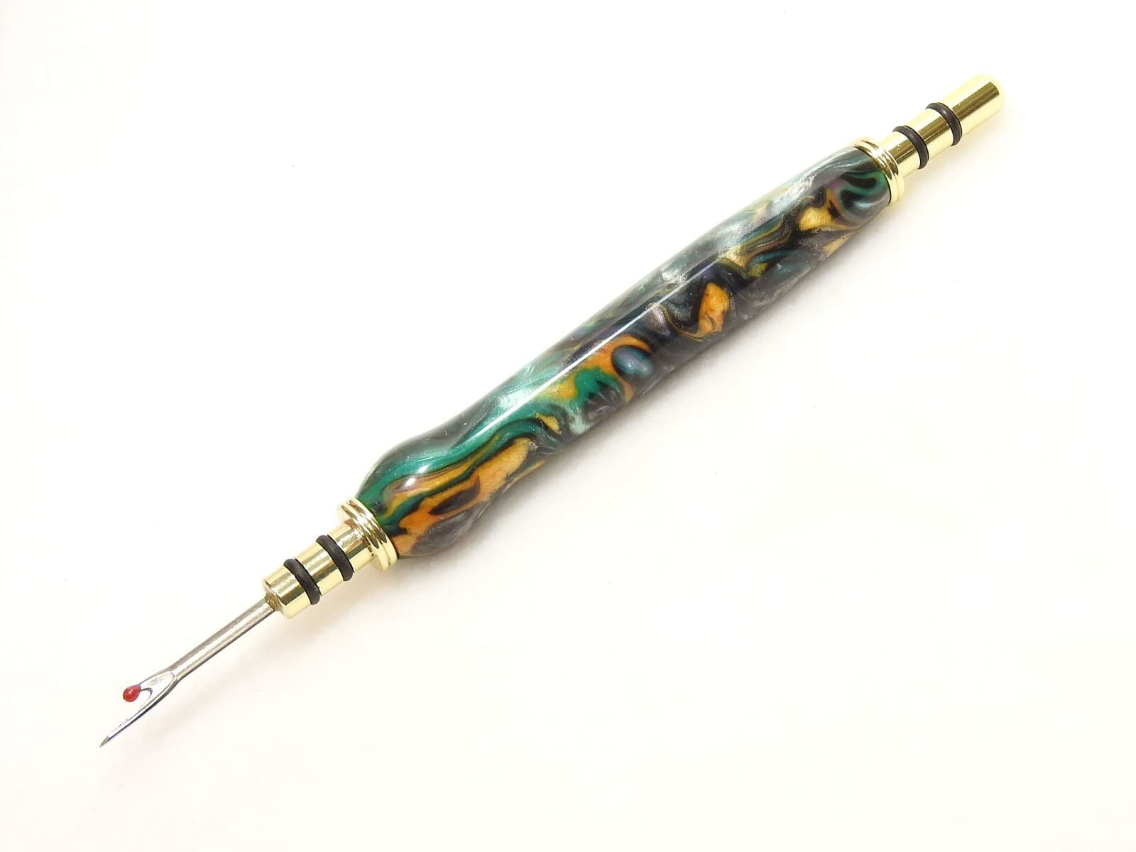 Handmade Double Seam Ripper w/ Sewing Stiletto, Green Gold Abalone Cloud Acrylic