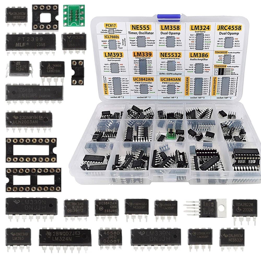 Integrated Circuit Chip Assortment Kit – Opamp, Oscillator, PWM + Sockets