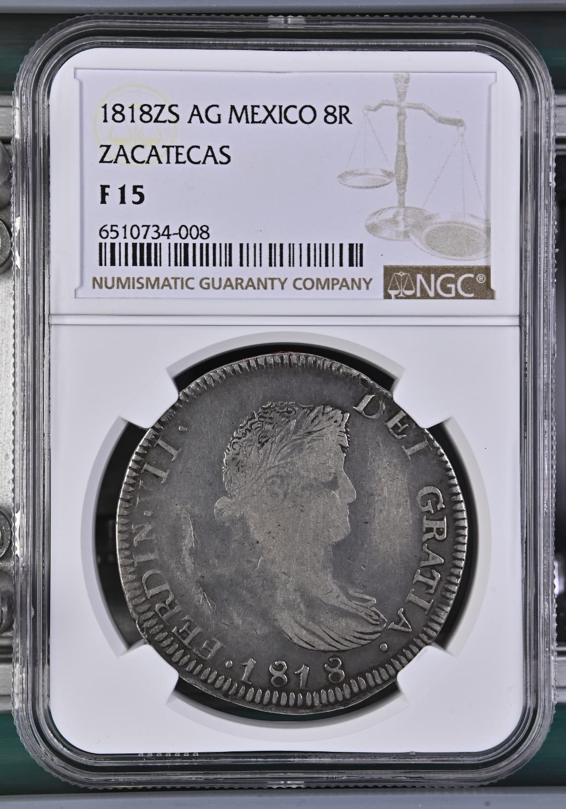 1818-ZS AG Mexico Zacatecas 8 Reales NGC Fine 15