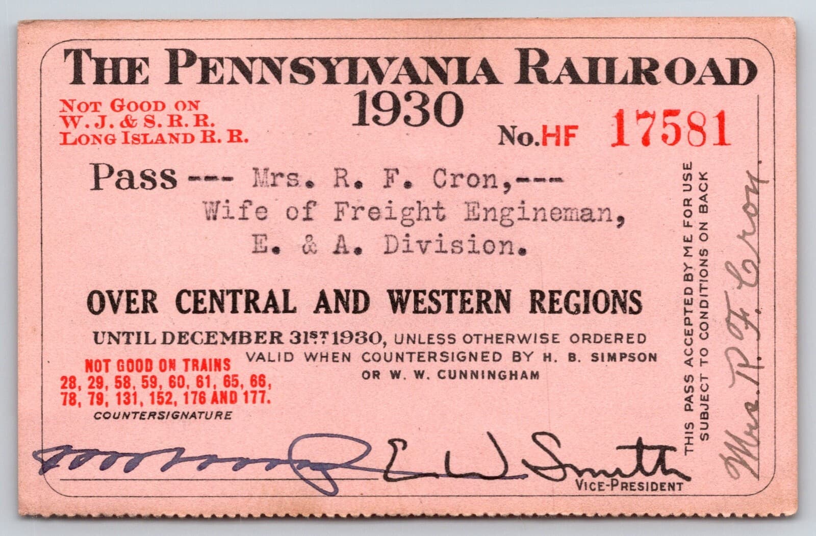 1930 Pennsylvania Railroad "Central Western" Employee Wife "Cron" Yearly Pass