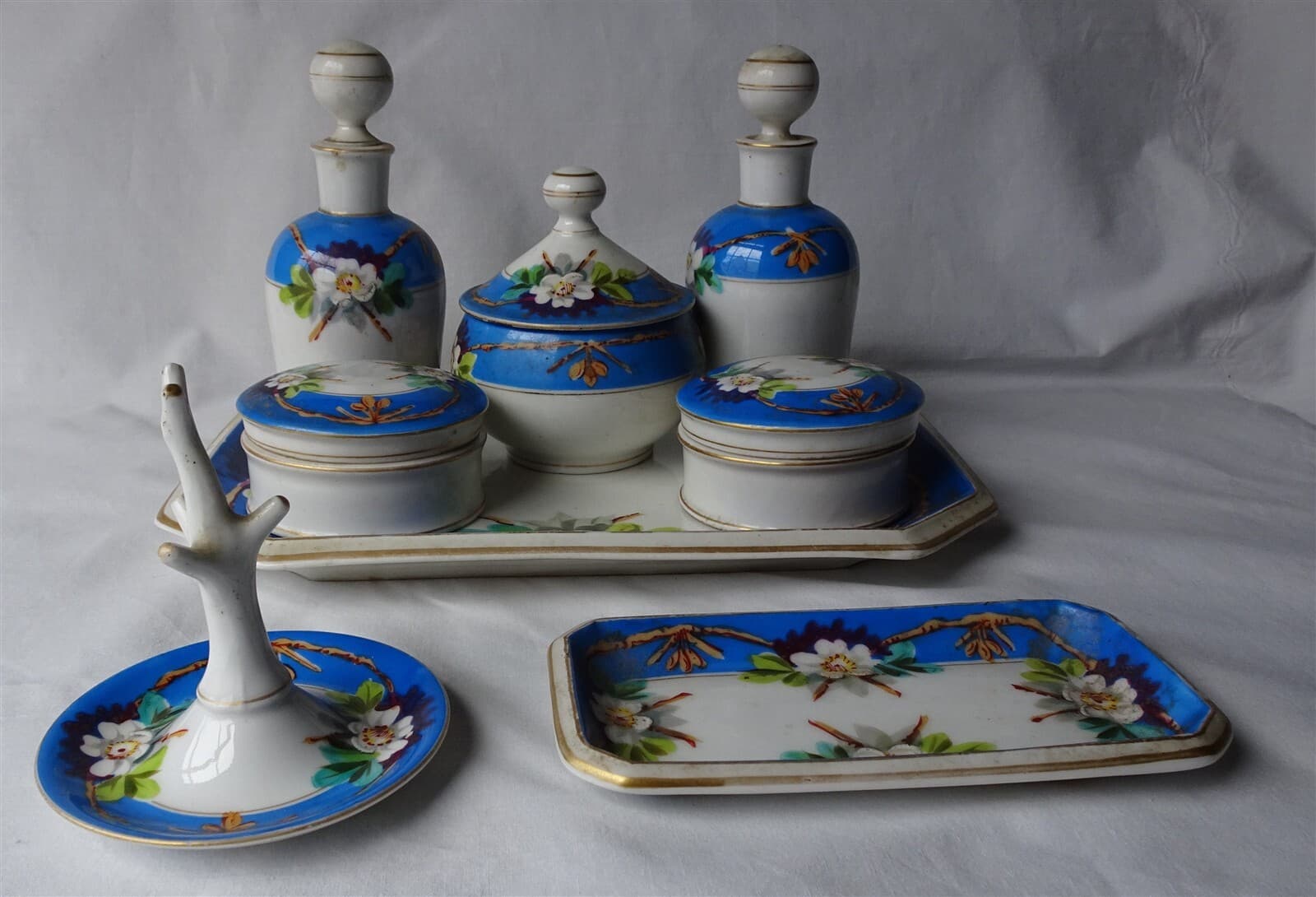 Antique 13 Piece European Porcelain Dresser Top Vanity Set, Floral, Blue & White