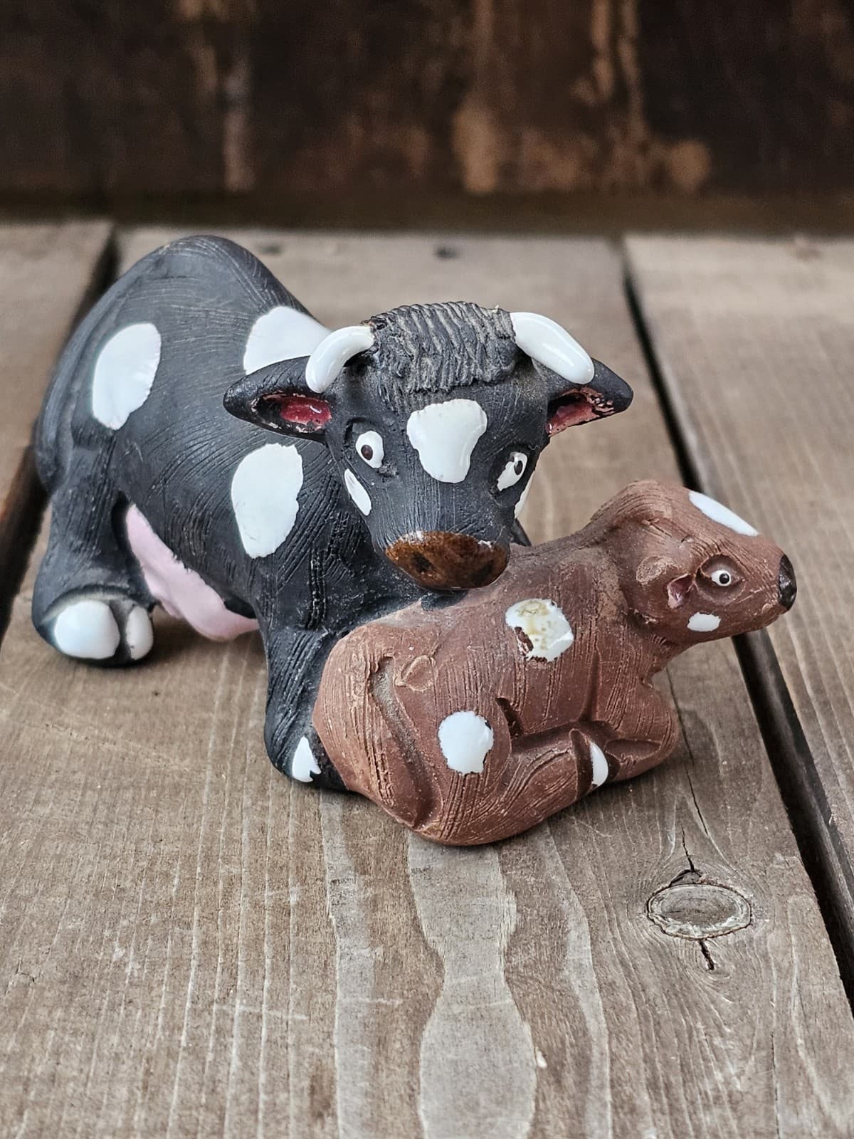 Vintage Handmade Signed Peruvian Clay Cow & Calf Peru Folk Art Native American