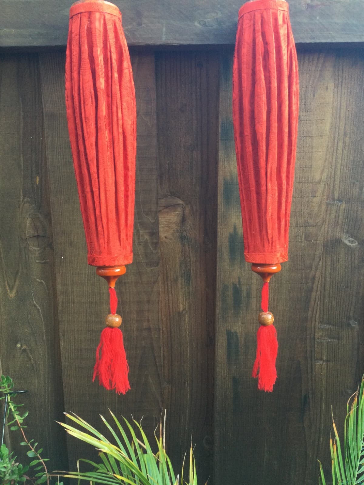 Vintage Pair Chinese Red Fabric Hanging Lanterns • 22” Long • New Unused