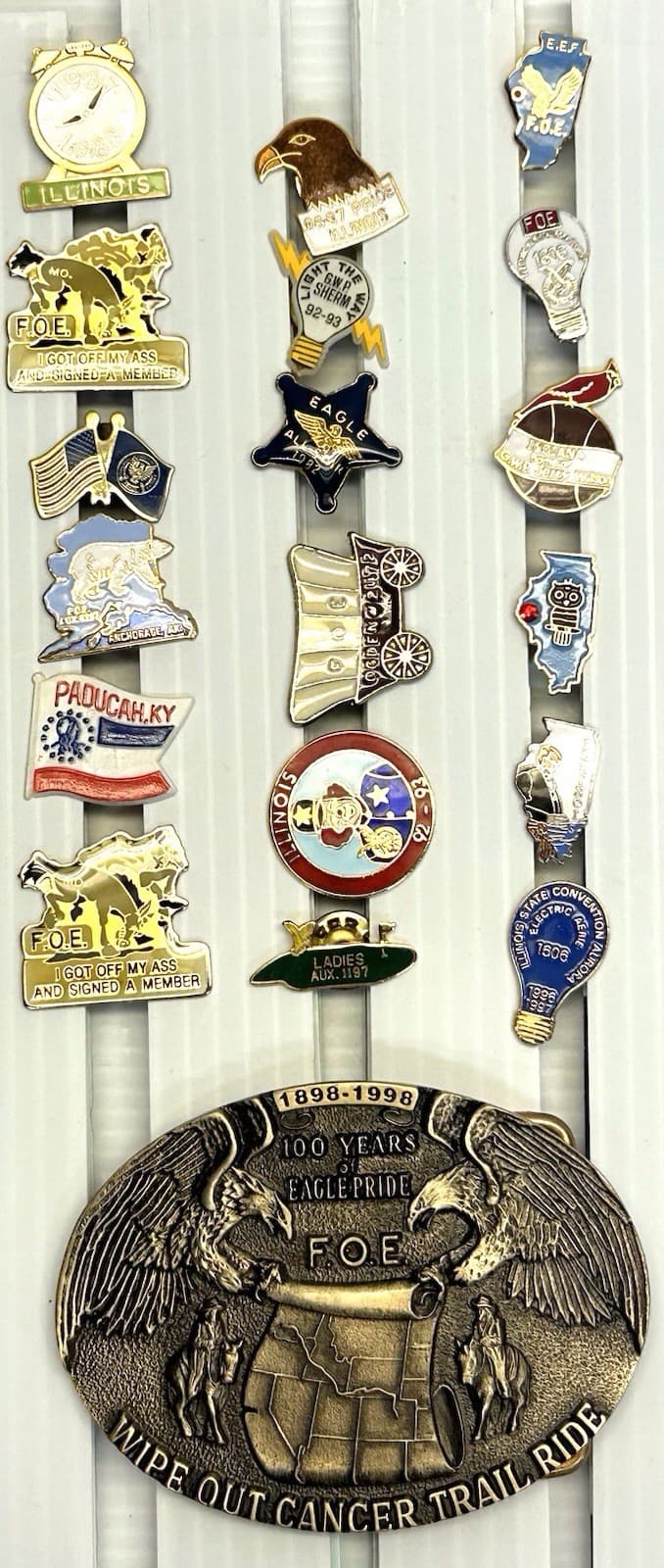 Set 18 Different Fraternal Order of the Eagles FOE Pins with 1 F.O.E. Buckle