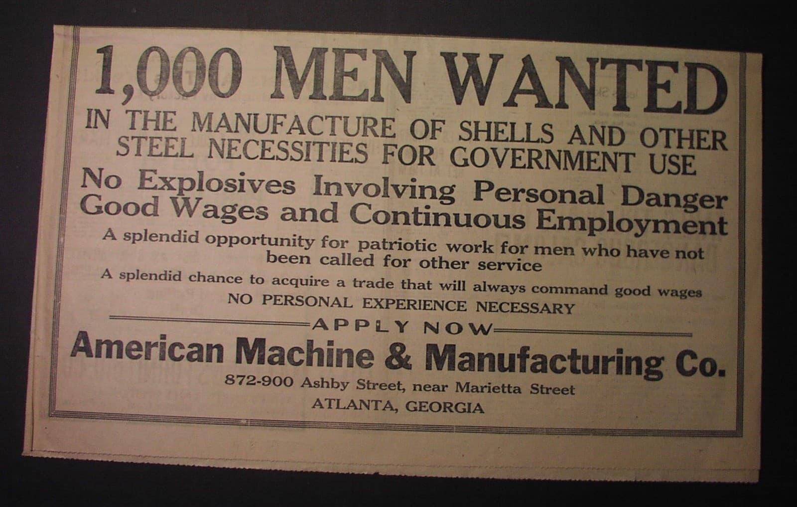 1917 ad - American Machine & Mfg. ATLANTA - munitions workers needed World War I