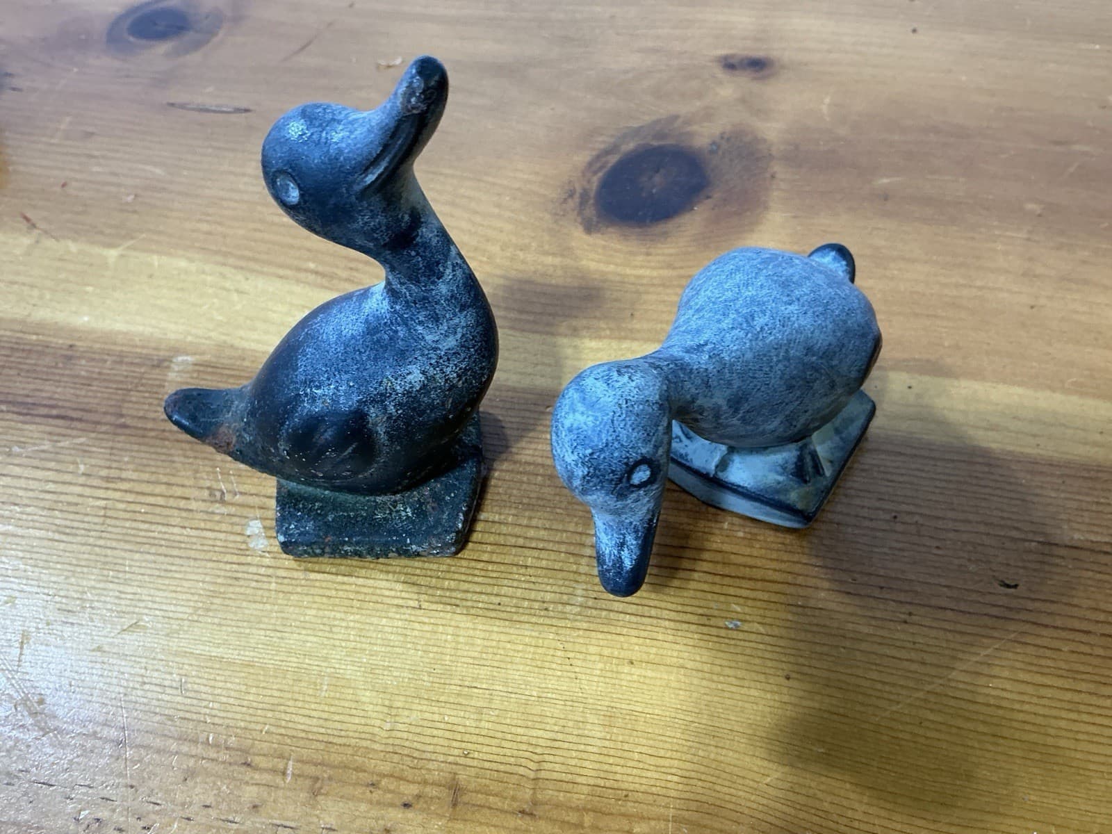 2 Antique Cast Iron Ducks Figurines Naughty/Nice Pair Small 4" Tall 3.5 Lbs VTG