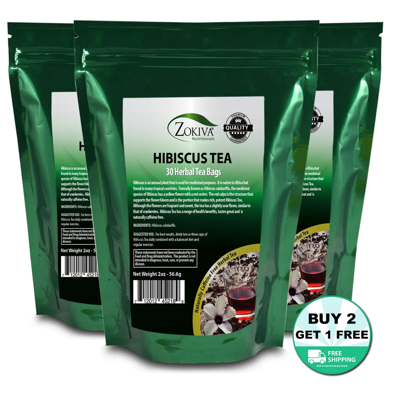 Hibiscus Tea Bags 3-Pack (90 Bags) All-Natural Caffeine-Free Hibiscus Flower Tea