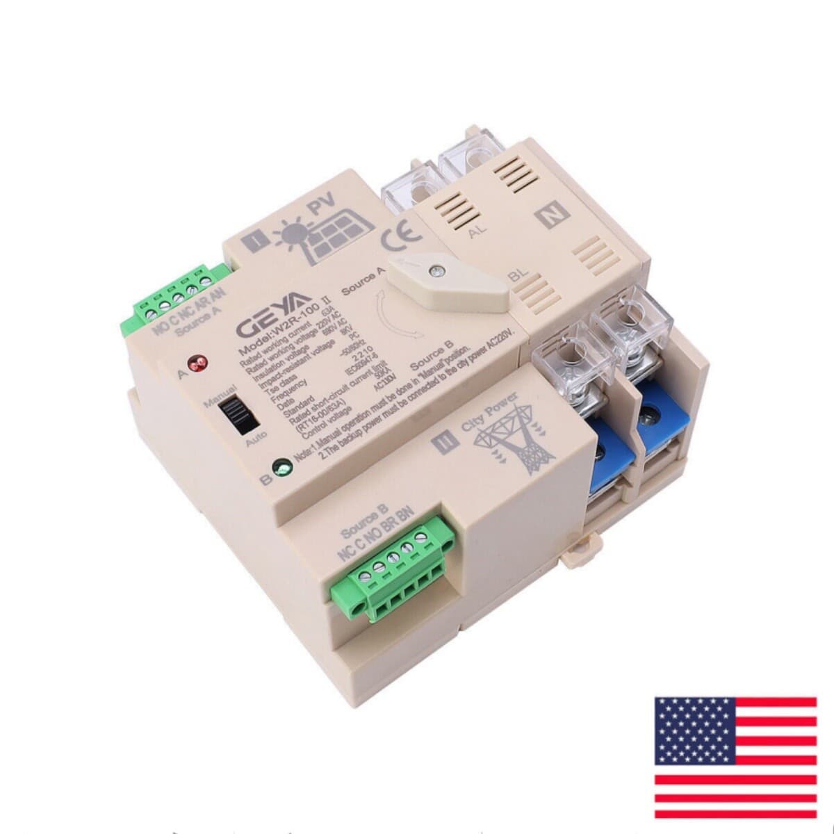 GEYA Solar Inverter Dual Power Automatic Transfer Switch 2P 63A 110V PV To Grid