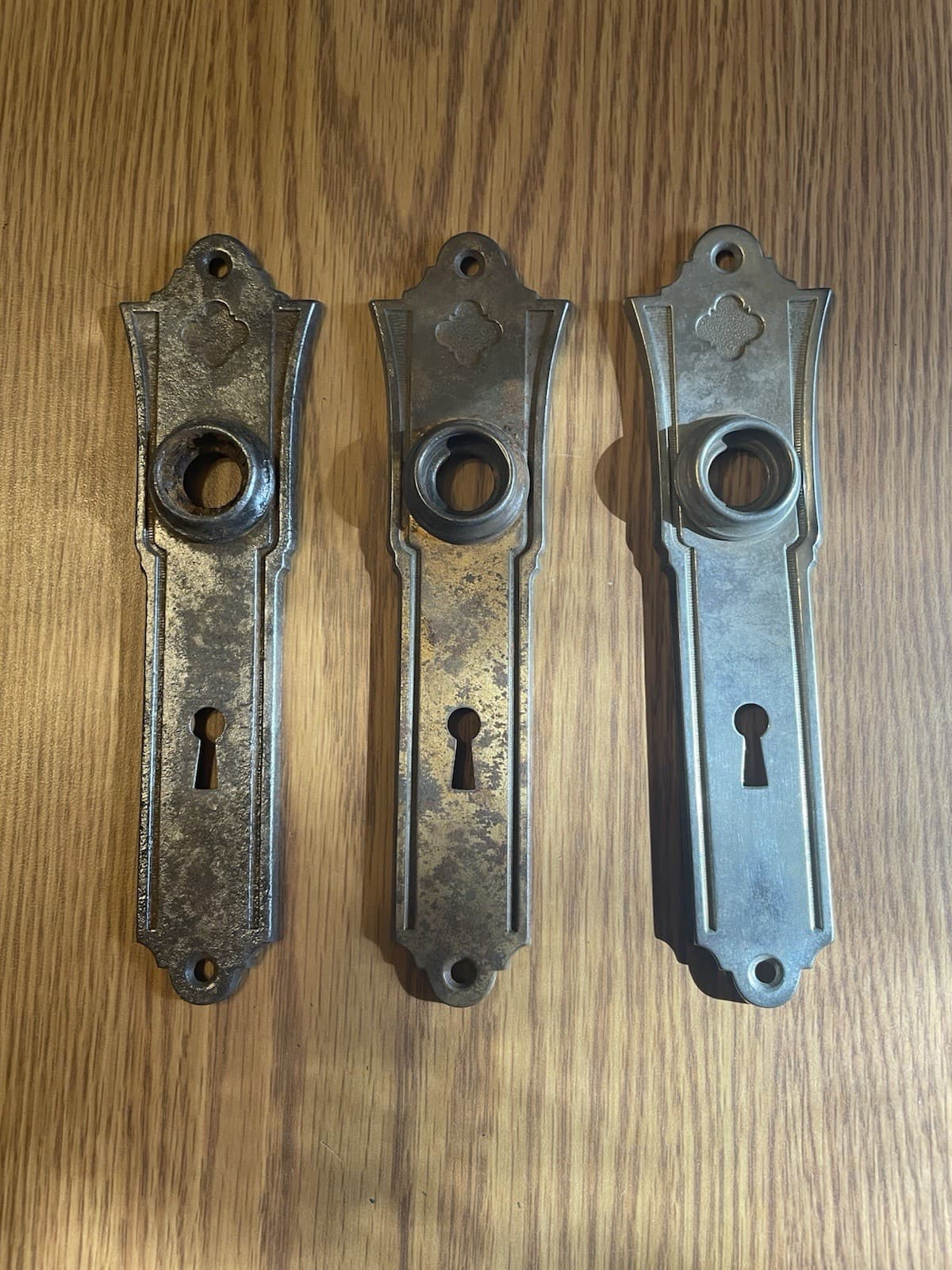 3 Vintage Art Deco Door Knob Back Plates with Keyhole - Stamped Steel