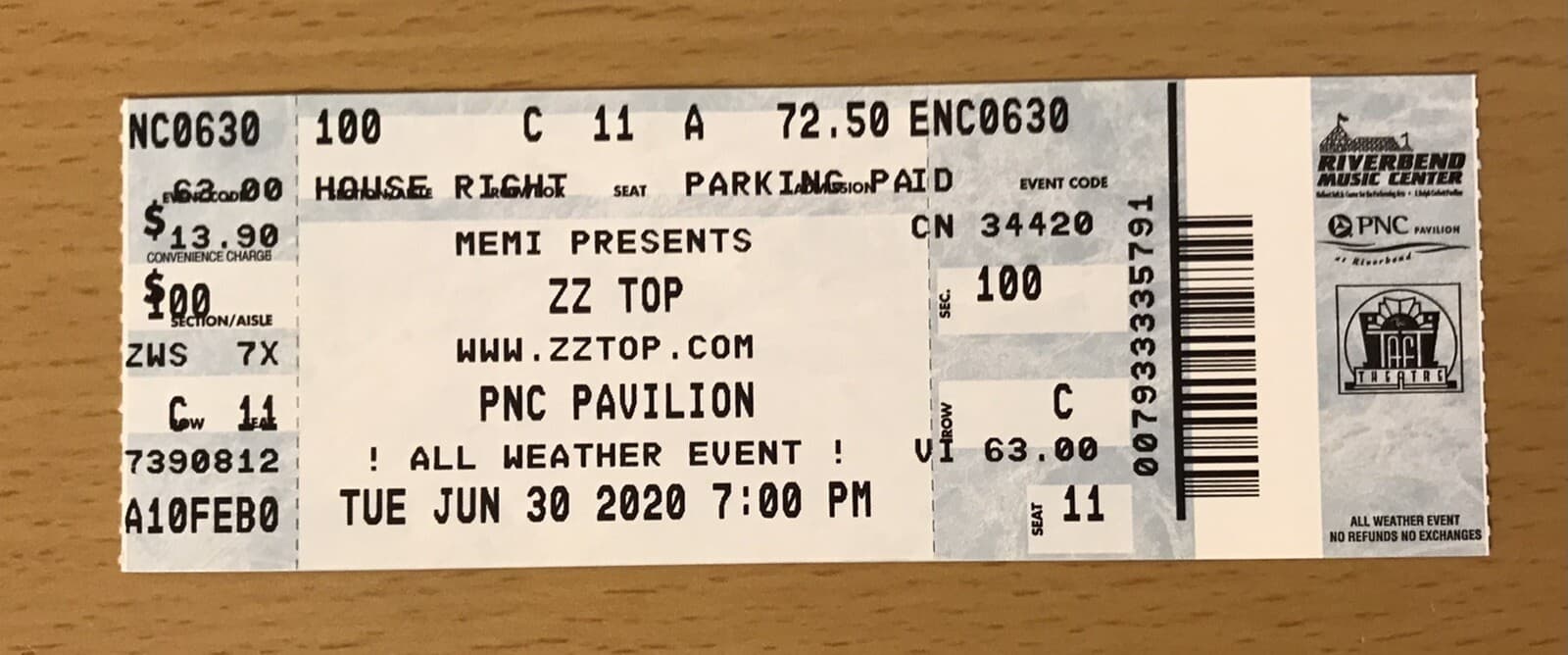 2020 ZZ TOP CININNATI OHIO CONCERT TICKET STUB AFTERBURNER LA GRANGE TUSH C11