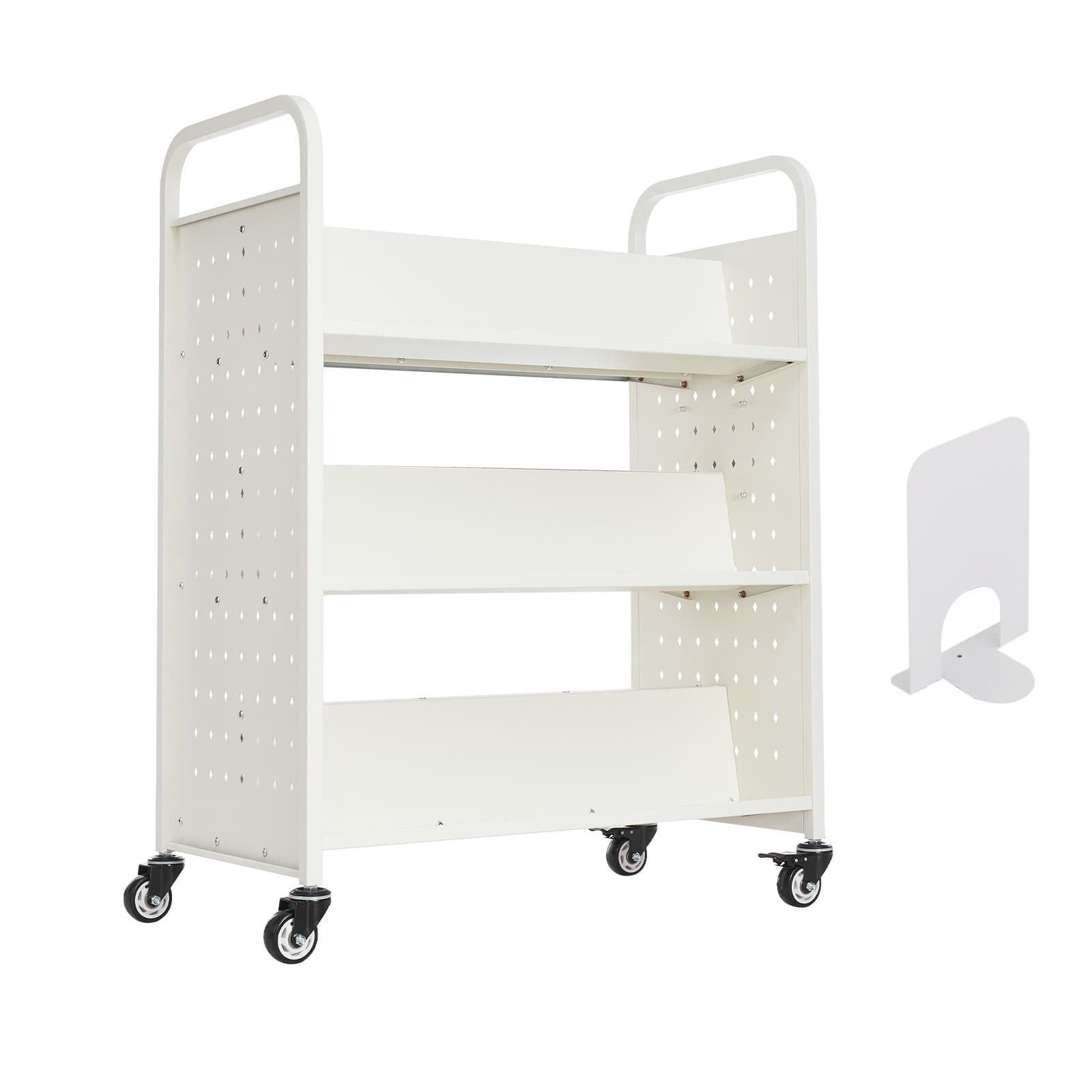 3-Tier Rolling Book Cart Double Sided W-Shaped Shelves Book Truck in White