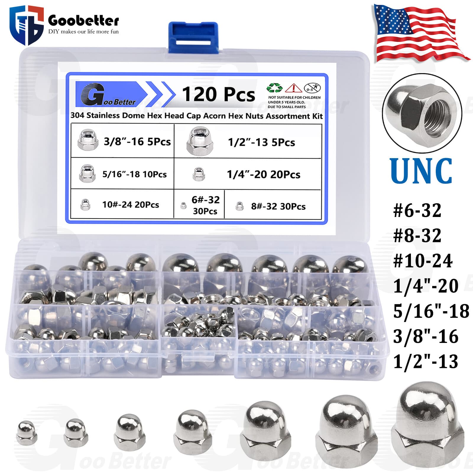 120Pcs UNC Hex Acorn Cap Nuts Assortment Kit #6 #8 #10 - 1/2" A2 Stainless Steel