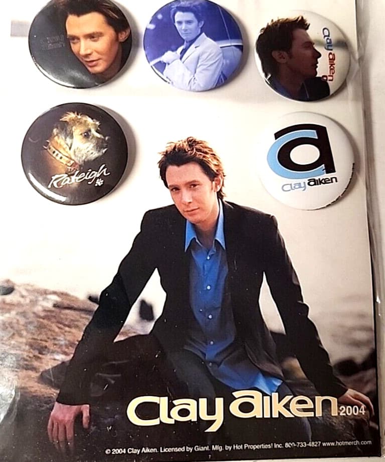 Clay Aiken 2004 Tour Collectible Pins / Buttons qty 5 Mounted on a Picture Card