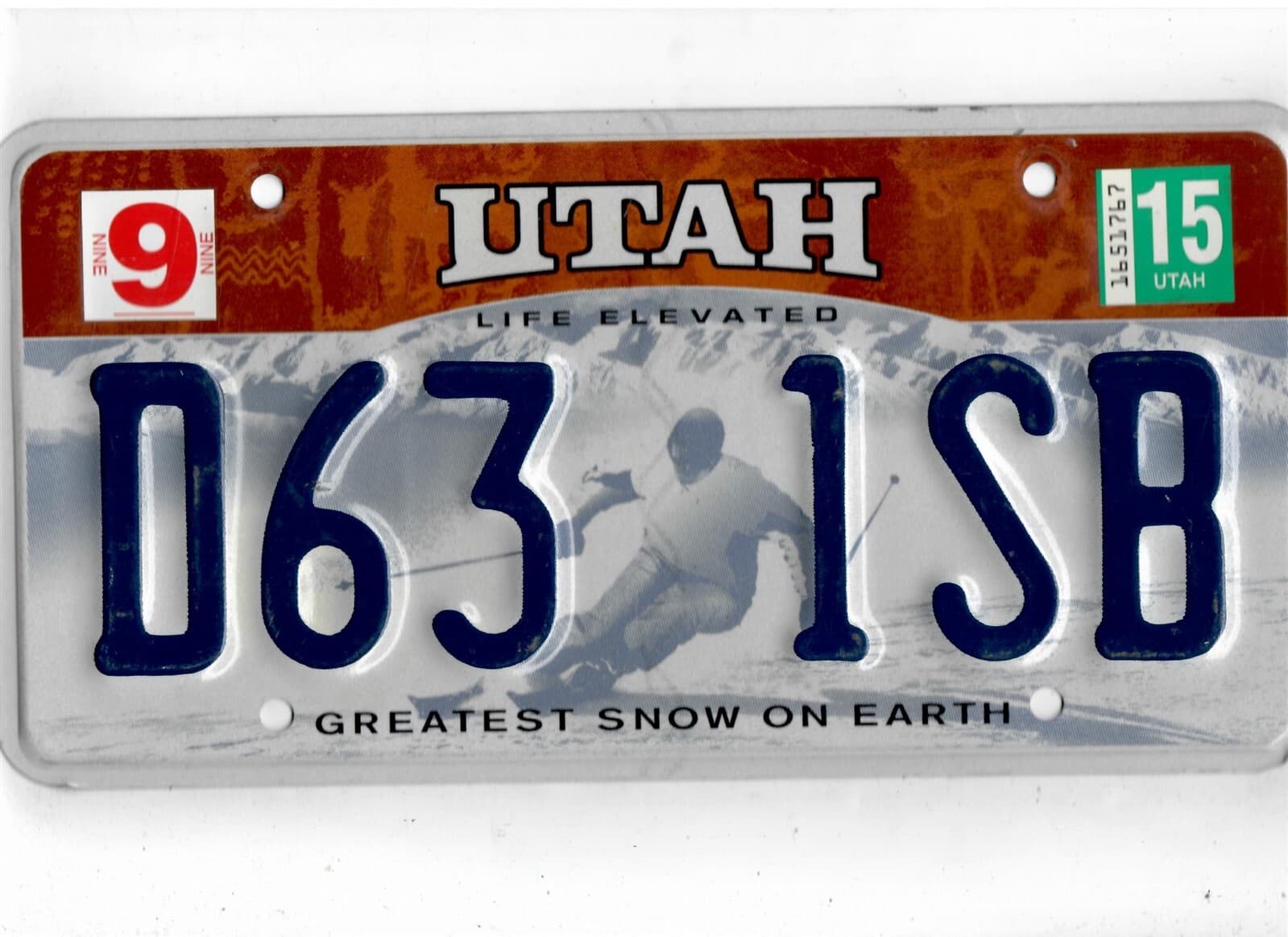UTAH passenger 2015 license plate "D63 1SB"