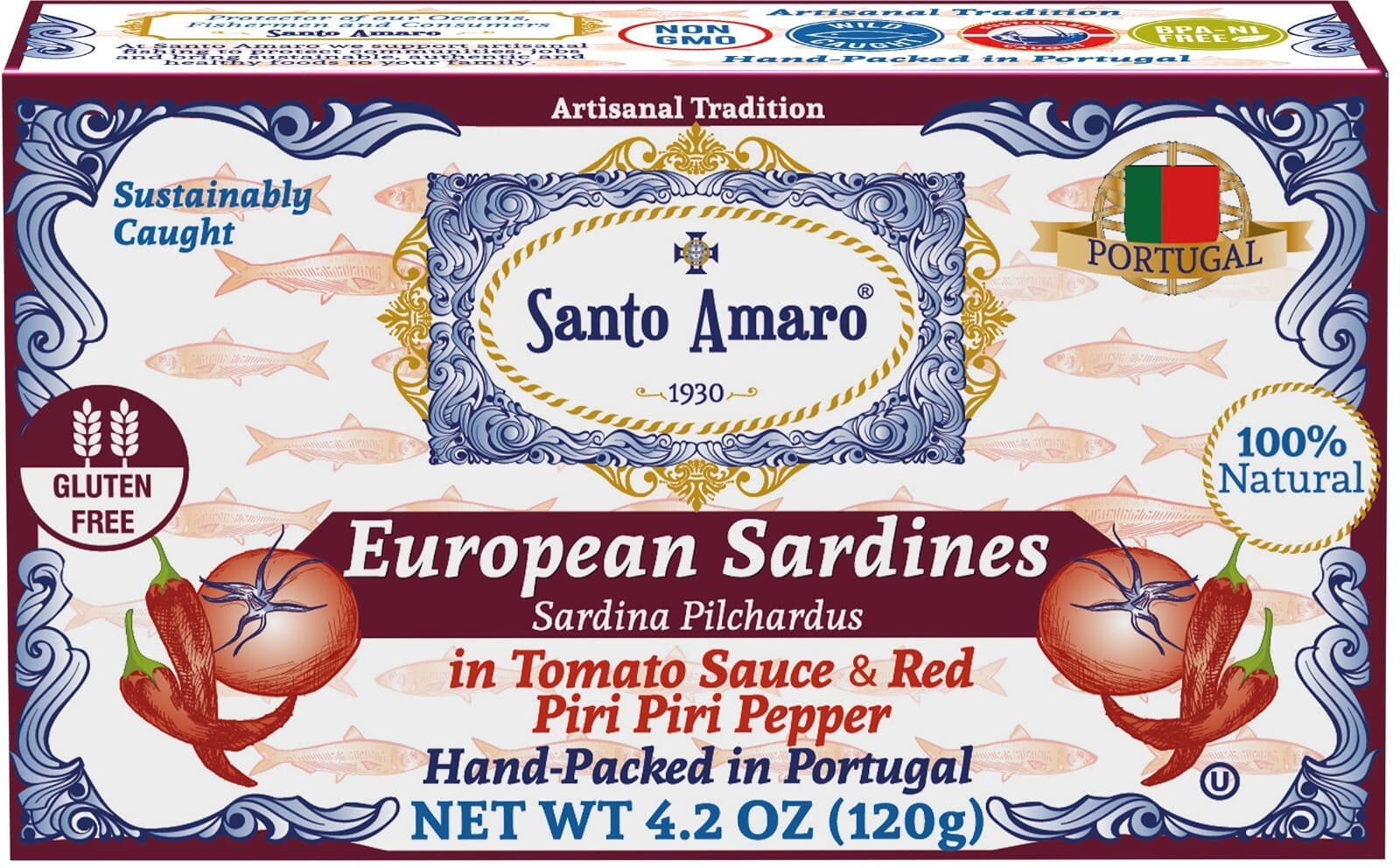 12 Pk Santo Amaro Piri Piri Spicy Wild Sardines in Tomato Sauce (120g/un)