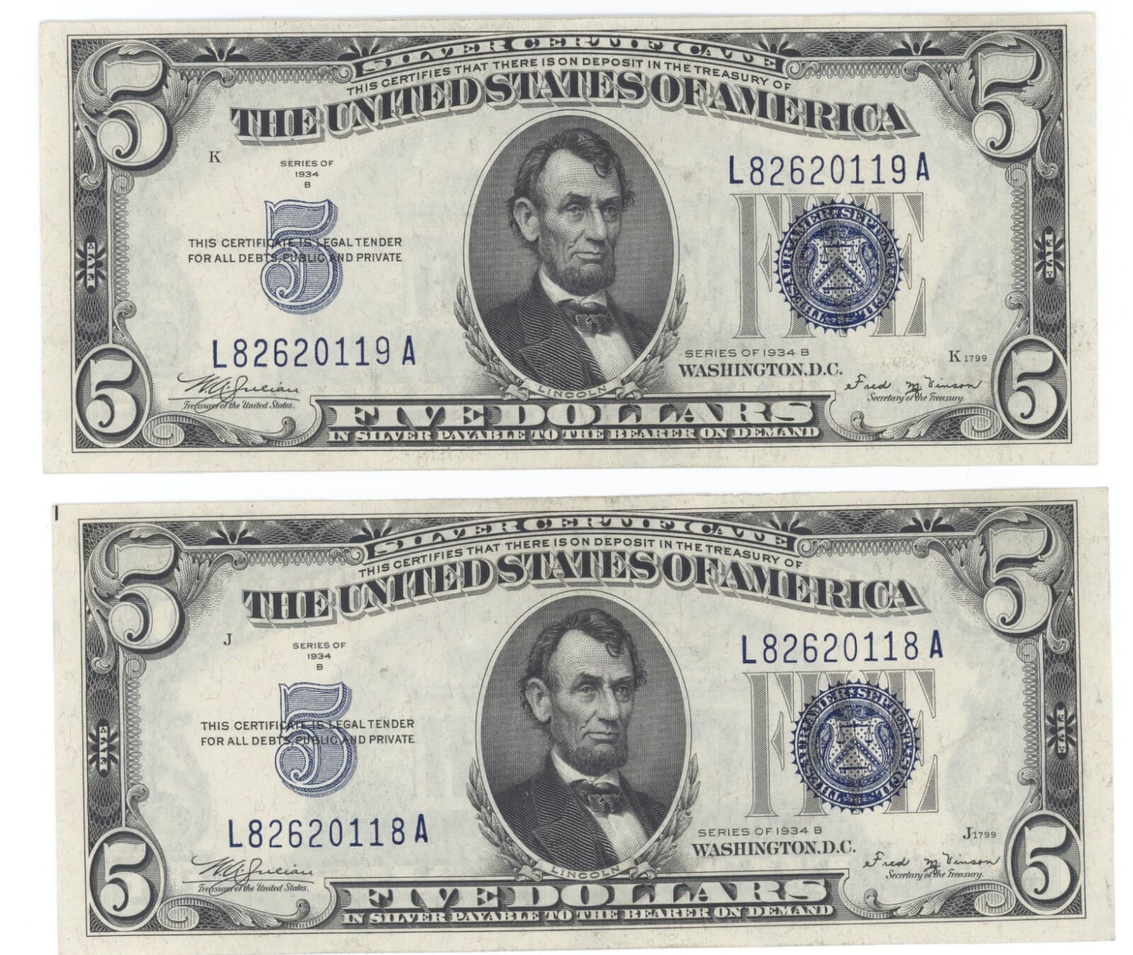 1934B $5.00 Two Consecutive Silver Certificates Julian - Vinson F-1652
