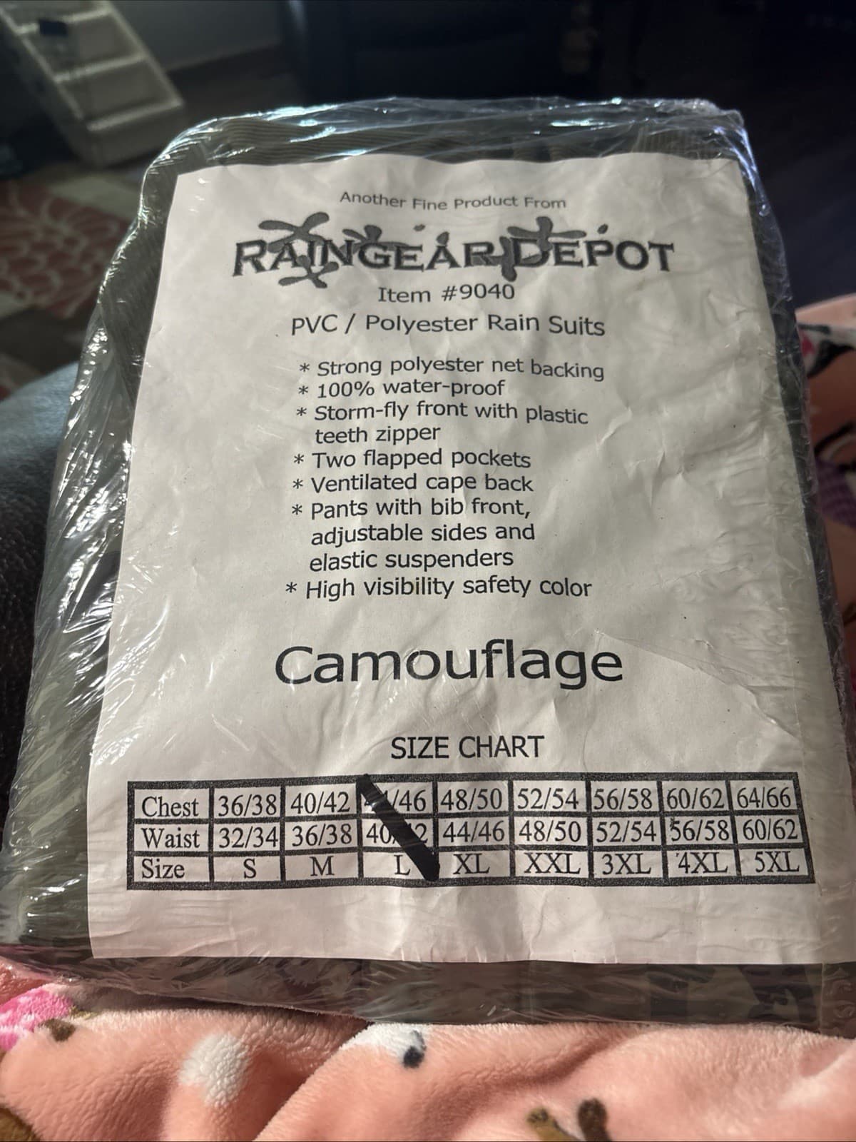 MEN’S Rain Suit 2 Piece Waterproof PVC/Polyester Size Large Camo-brown NIB