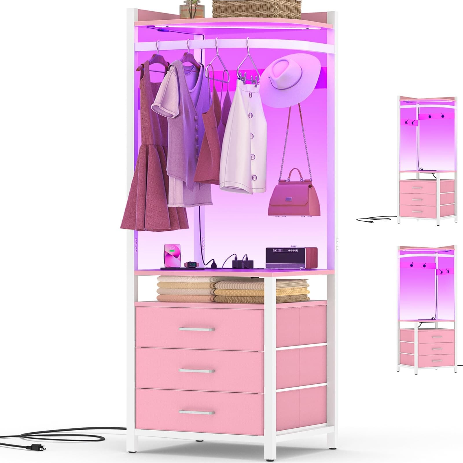 Corner Clothes Rack, 70'' Tall Corner Closet with Power Outlets & LED Lights,...