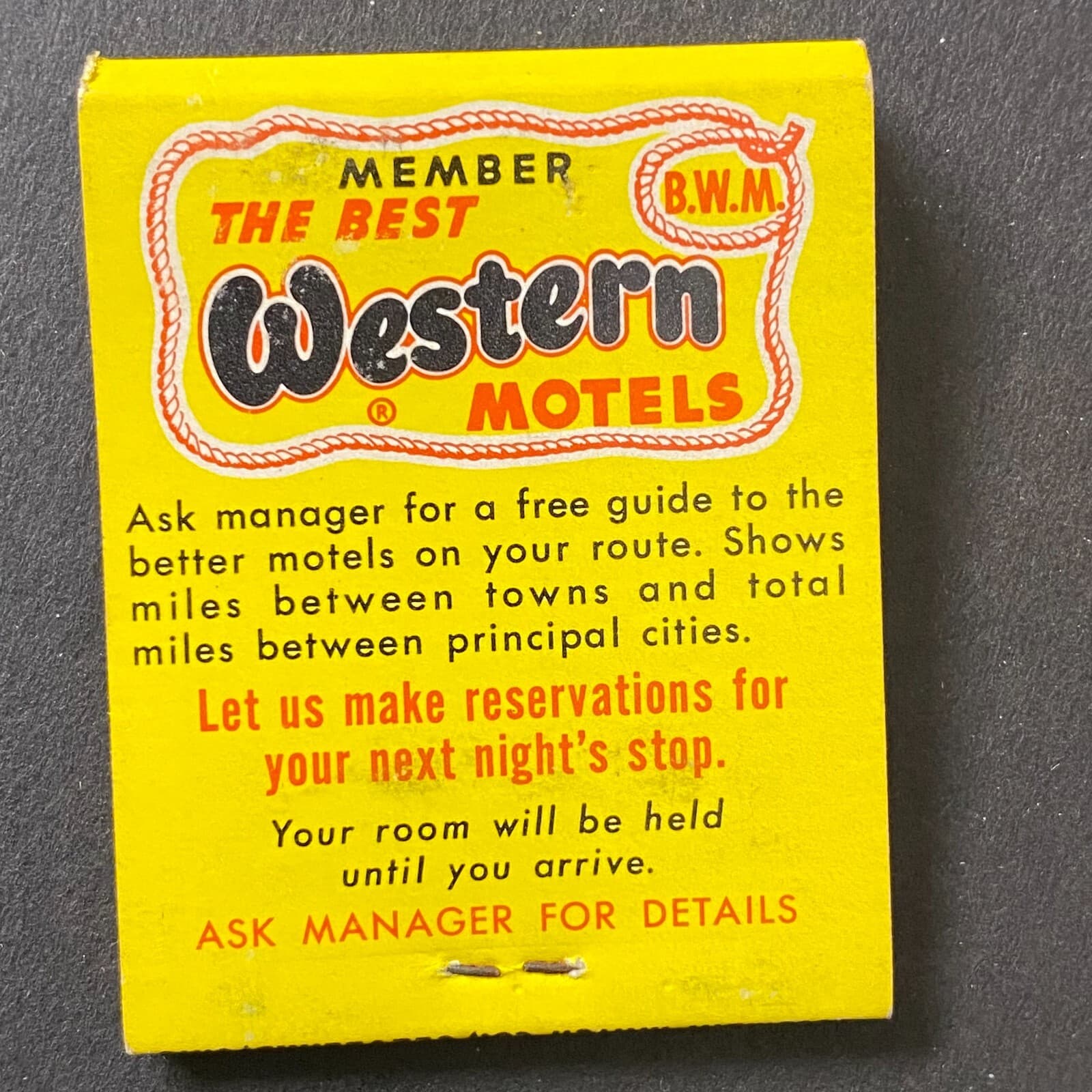 Best Western Motels c1960s-73 Full Matchbook w/ Rope Border Art VGC