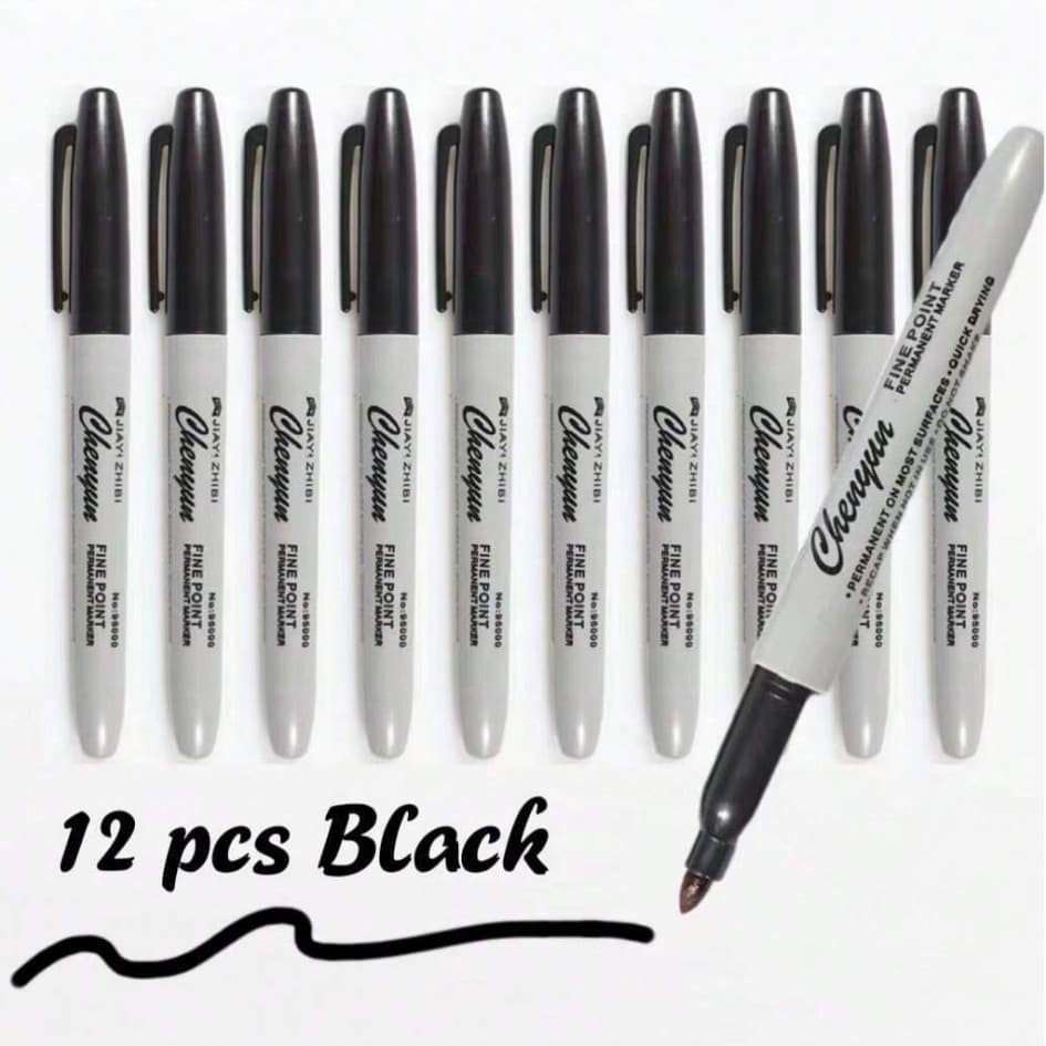 12 PCS Black Permanent Markers - Fine Tip, Waterproof & Quick Drying - NEW
