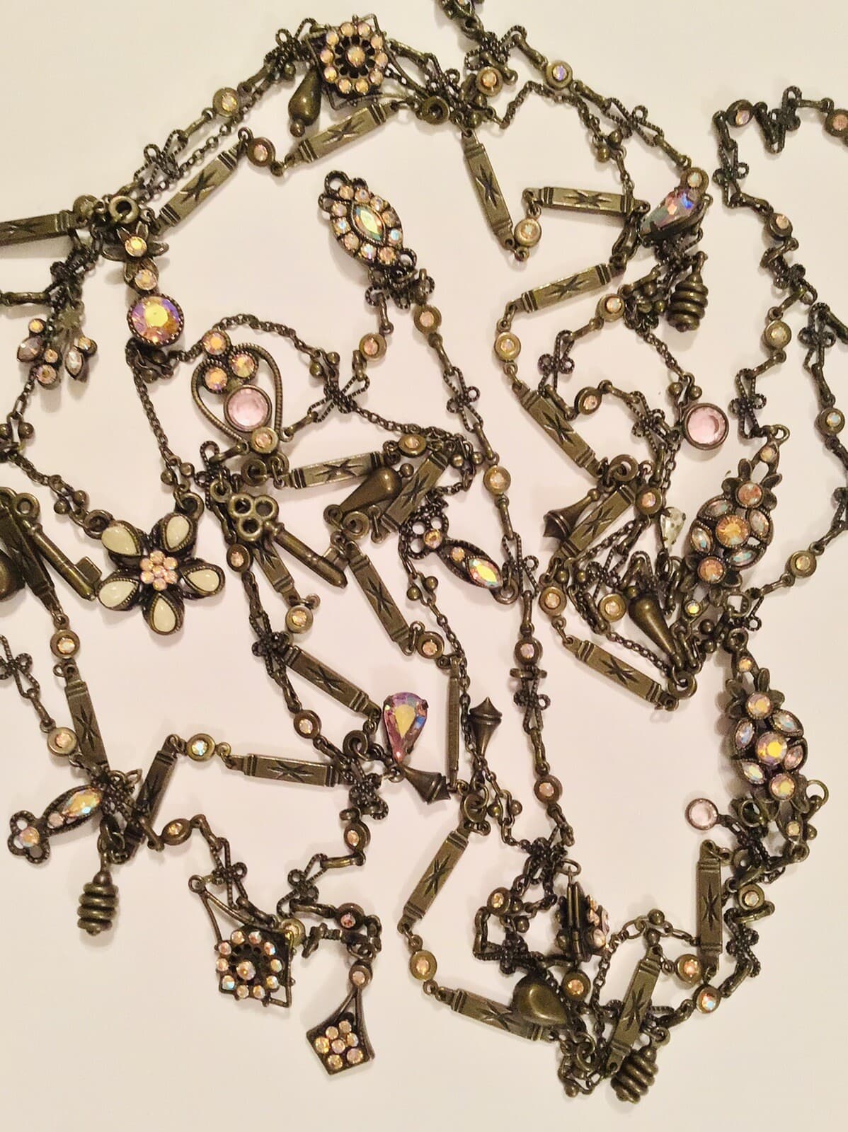 Sorrelli RARE Long 3 Strand Keys Flowers Charms Pastel Crystal Necklace Fabulous