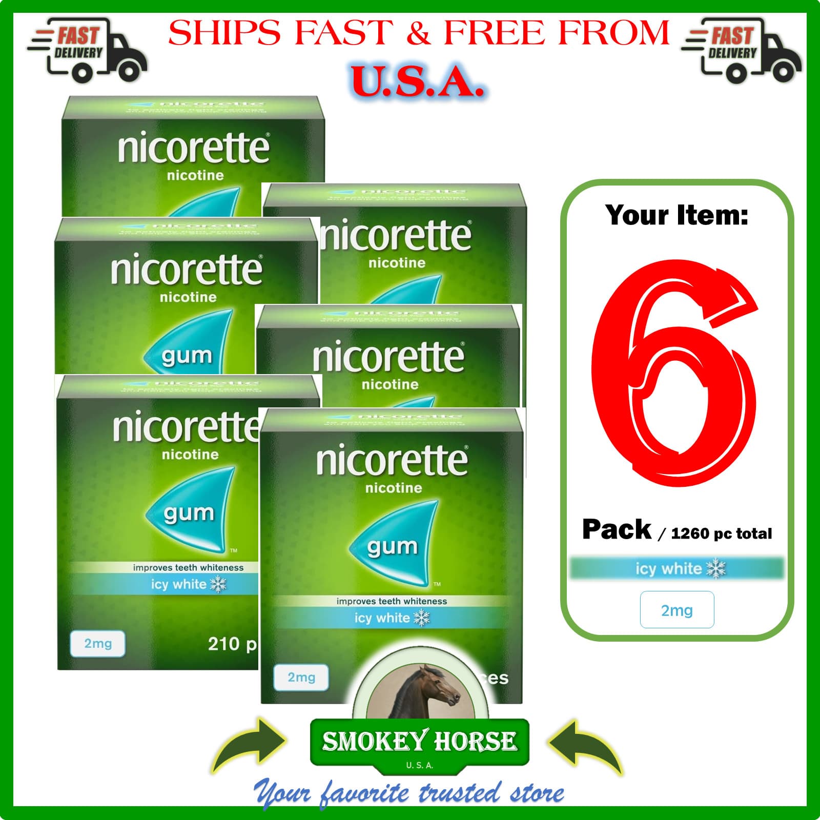 6 x Nicorette Icy White Gum 2 mg 210 Pieces """SHIPS SUPER FAST FROM USA"""