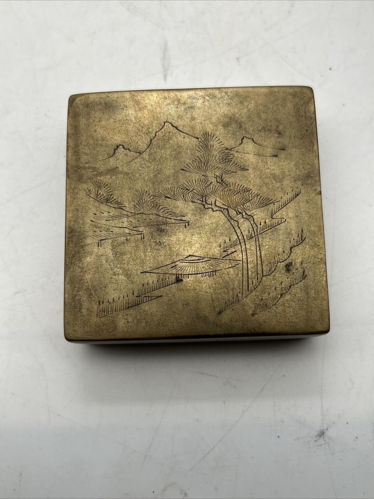 Vintage Brass Bronze Chinese Village Mountain Engraved Ink Box 3x3”