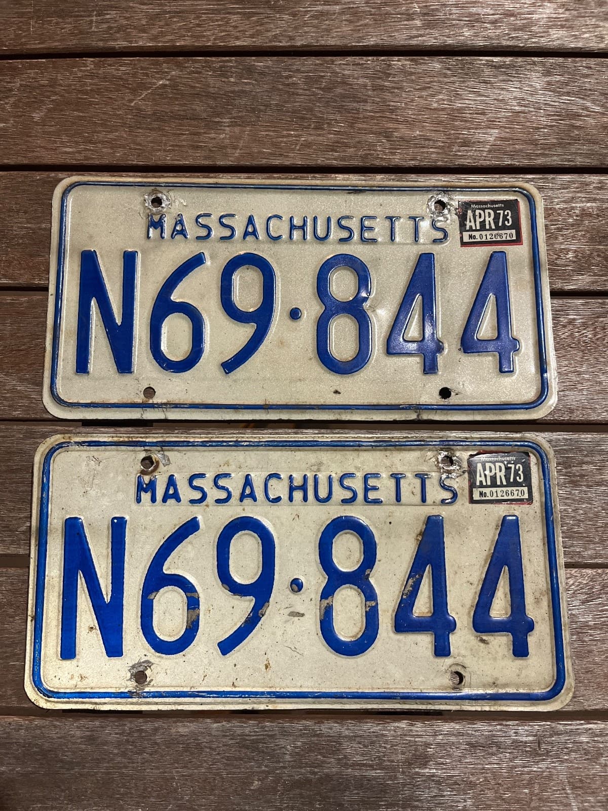 1973 Massachusetts License Plate Pair N69 844