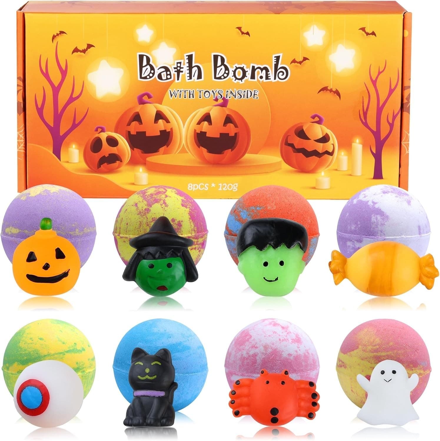 8 Pack Halloween Bath Bomb Set with Halloween Squishy Toys Inside for Kids