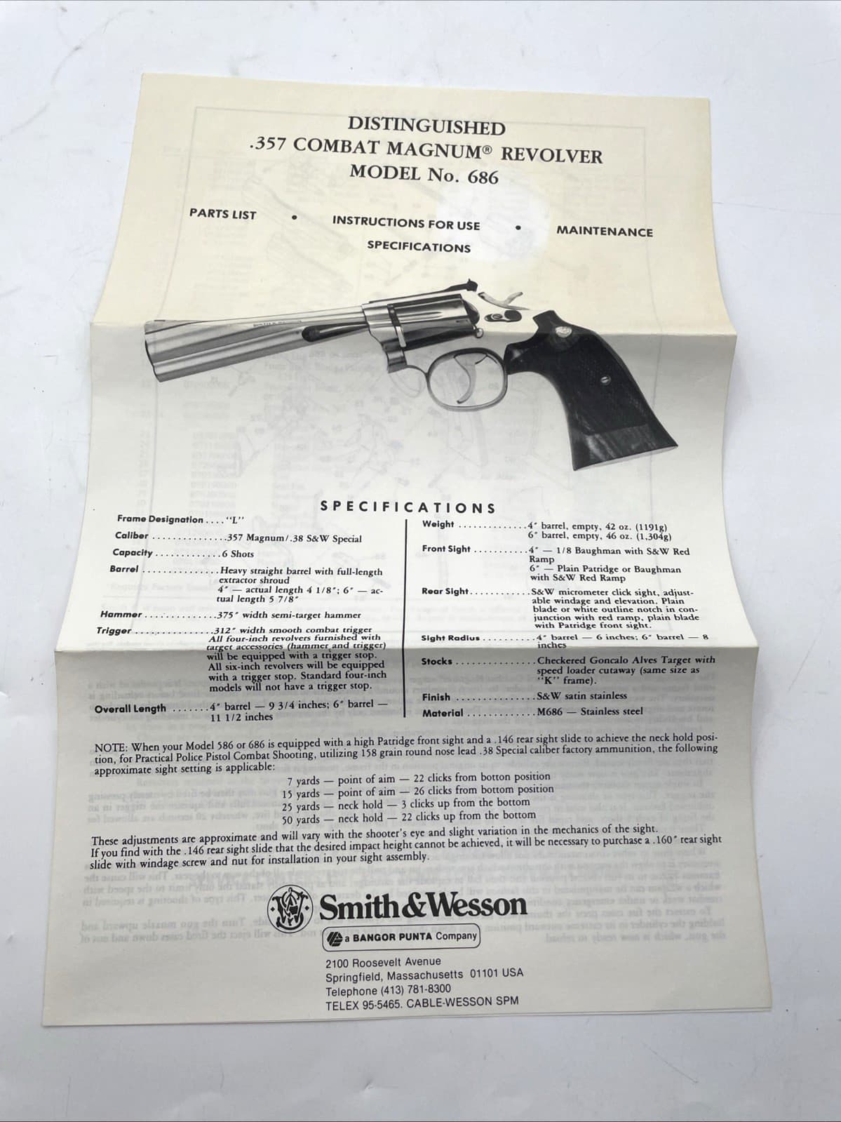 SMITH AND WESSON MODEL NO. 686 DISTINGUISHED .357 COMBAT MAGNUM MANUAL