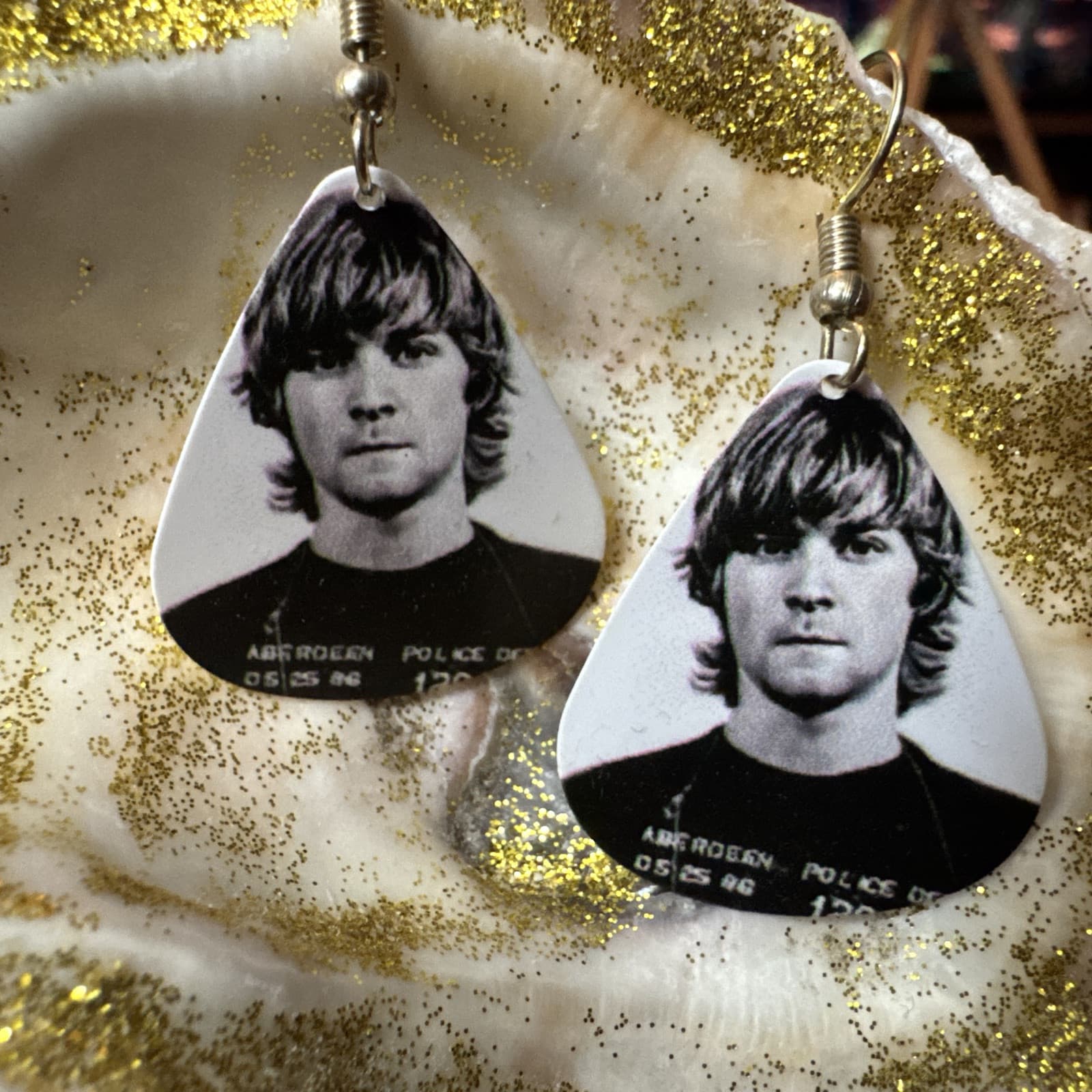 Kurt Cobain mug shot earrings. Unique, one of a kind.