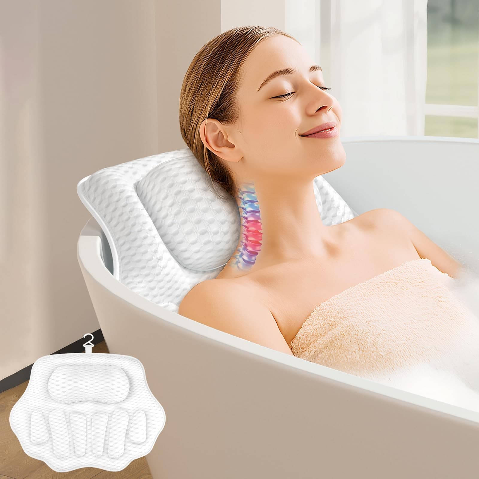 Bath Pillows for Tub Ergonomic Bathtub Pillow for Head & Neck Relaxation 4D A...