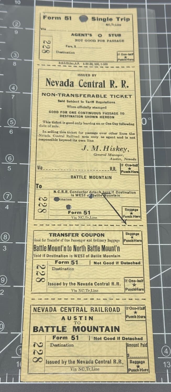 ~1926 Nevada Central Railroad NCRR Unused Austin to Battle Mountain Ticket 228