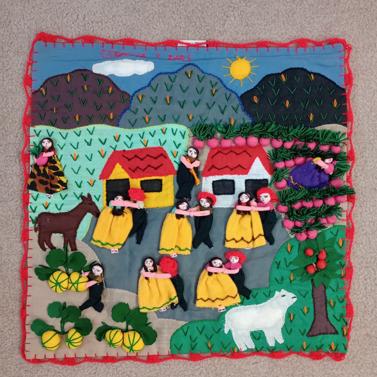 Peruvian Arpillera 3D Applique Folk Art 19”x19” Cotton Wall Art/Tapestry