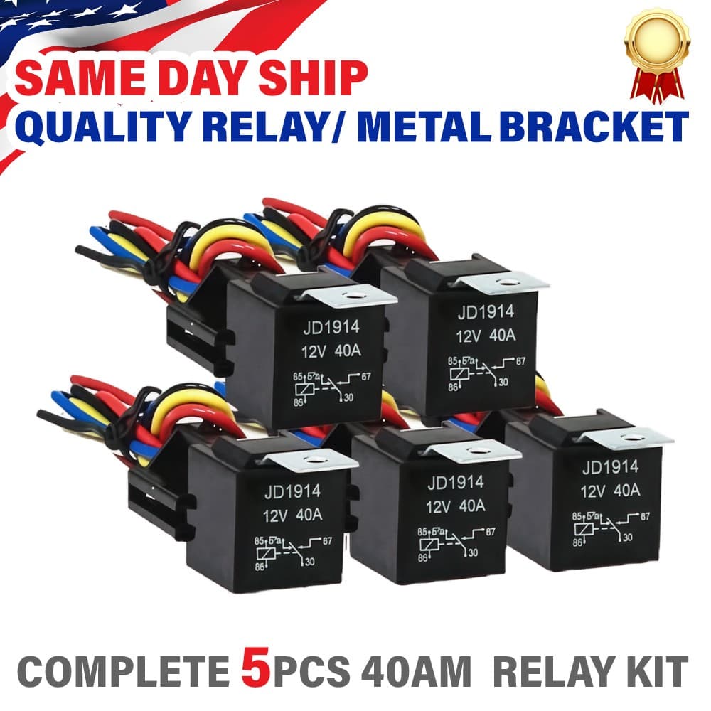 5 Pack 12V 30/40 Amp 5Pin SPST Automotive Relay with Wires & Harness Socket Set