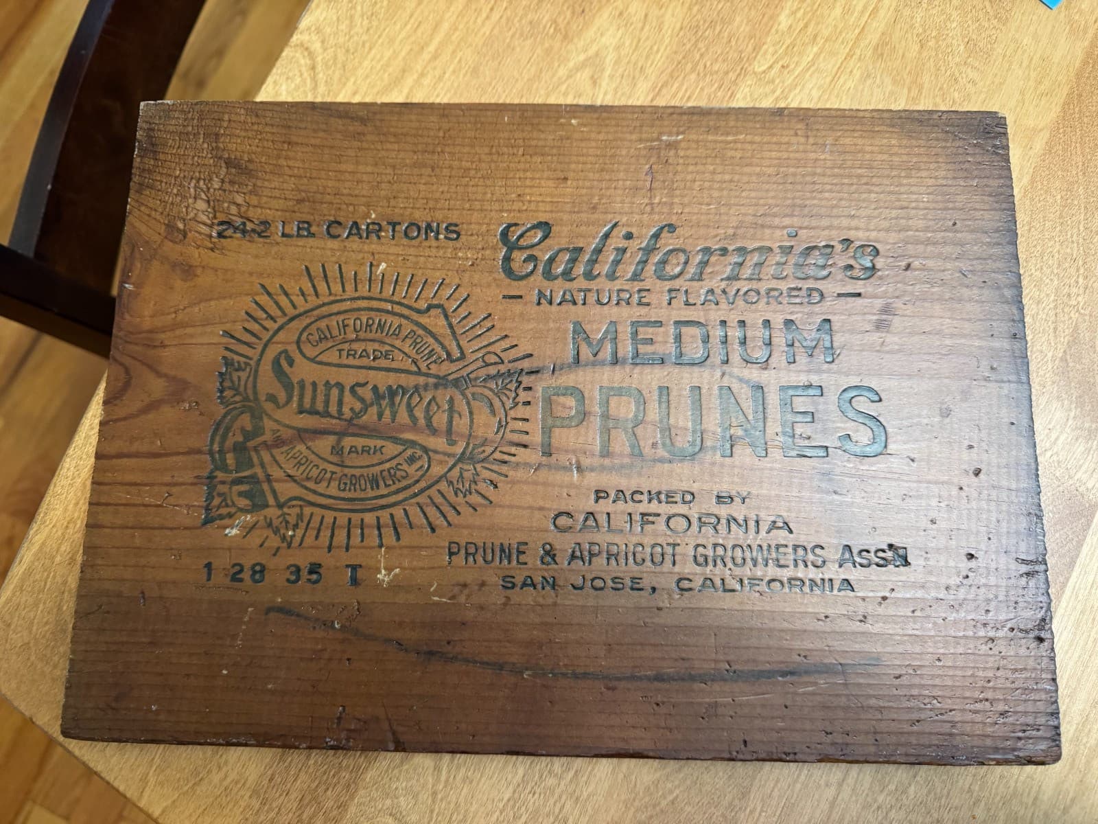 Vintage Sunsweet Prunes Wood Box side - California Prune & Apricot Growers