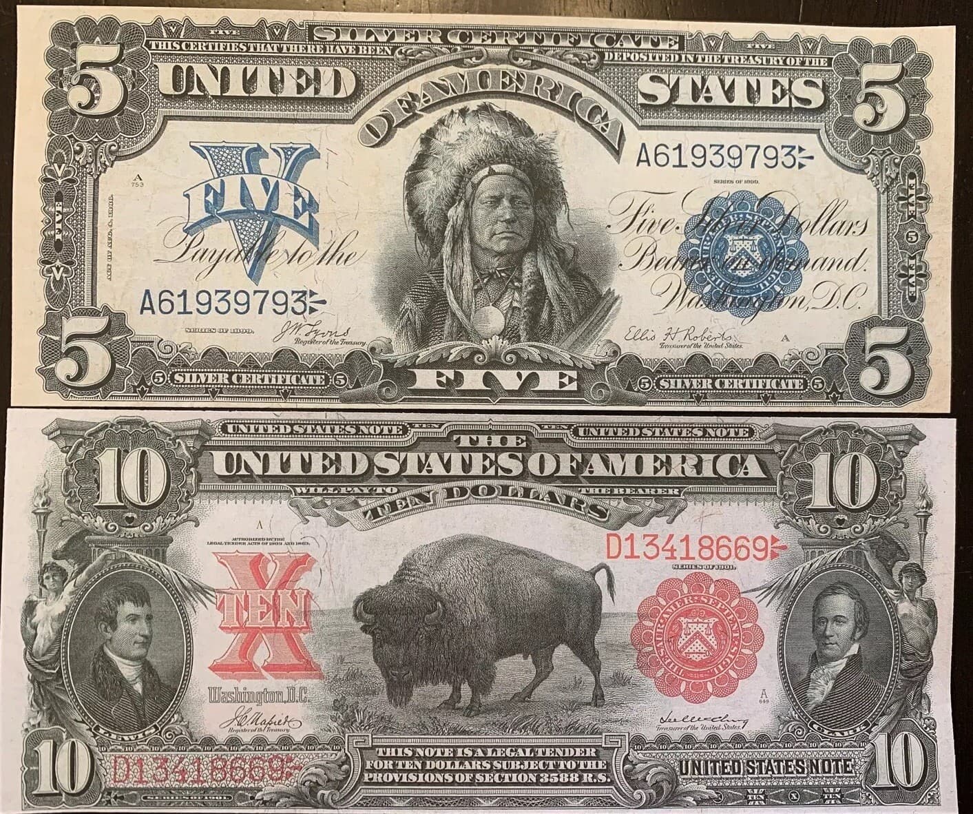 Reproduction $5 Silver Cert Indian Chief 1899 $10 US Note Bison 1901 Read Below!