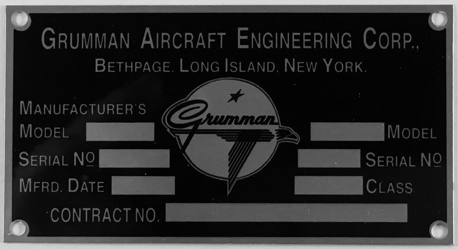 Repro Grumman Aircraft Data Plate, 1943-1978, Vintage WWII Aviation DPL-0115