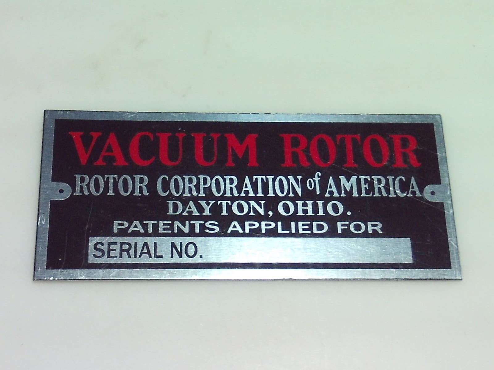 Vacuum Rotor Motor Reproduction Nameplate