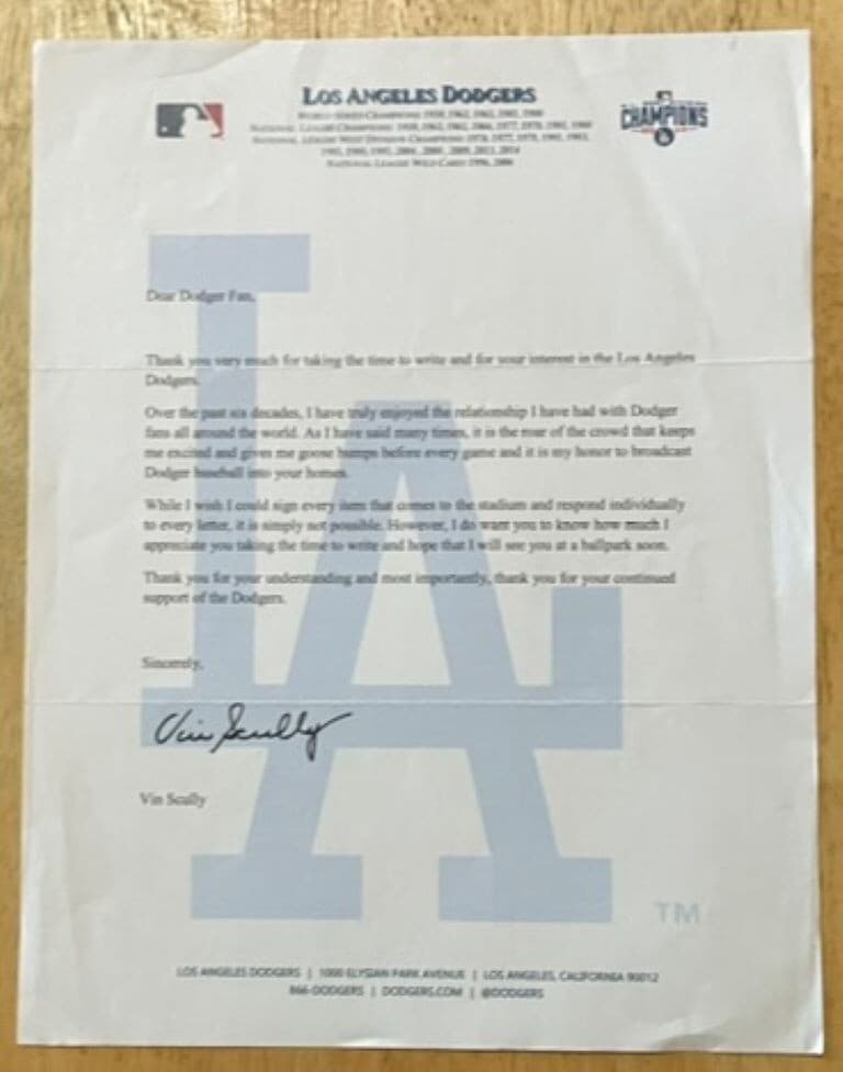 VIN SCULLY, RARE ! 8 1/2" x 11" LOS ANGELES DODGERS LETTER, AWESOME !