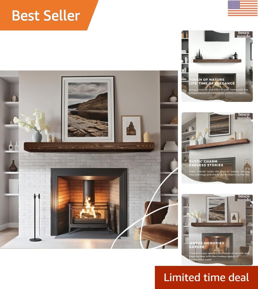 Rustic Solid Wood Fireplace Mantel Shelf - 72" Floating Elegance in Brown