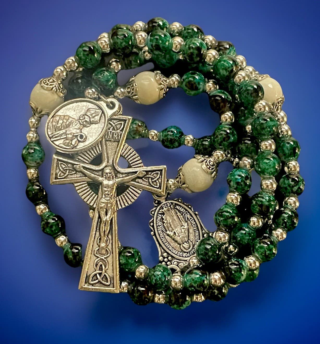 Catholic Green Marble Glass Rosary, Celtic Crucifix, + St Patrick Medal