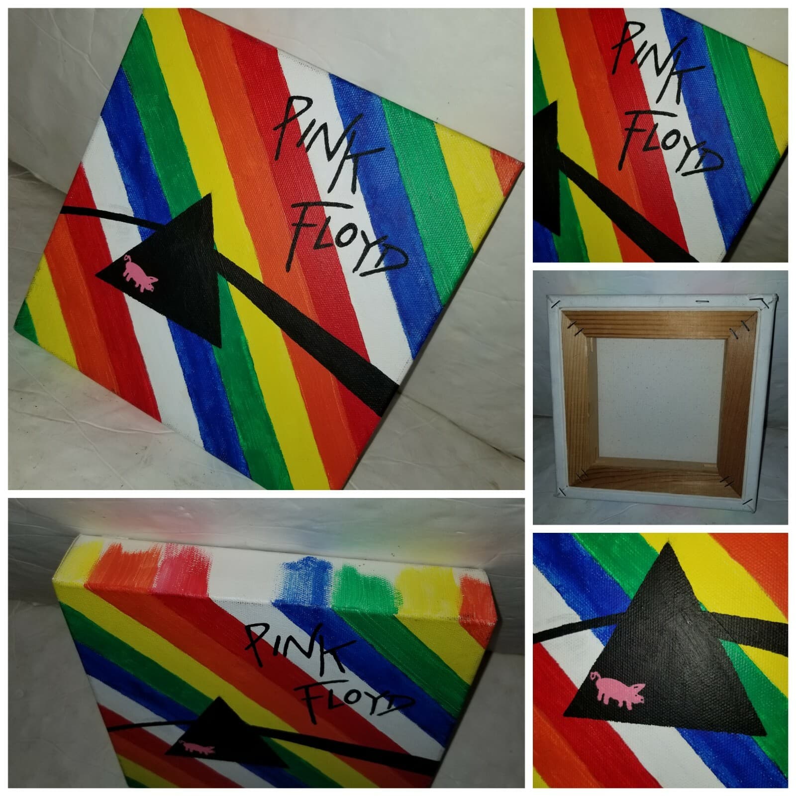 Pink Floyd Painting 8" Canvas Watercolor Rainbow Stripes Triangle Unique - EUC