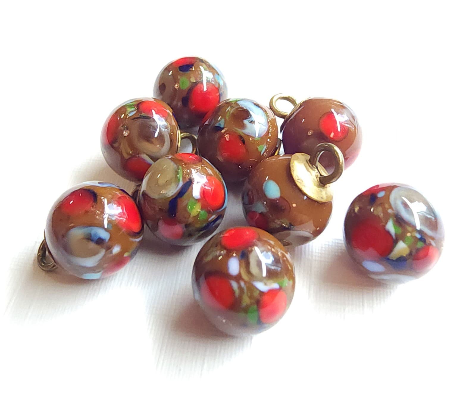 9 Antique Diminutive Brown Glass Ball Buttons w/ Colorful Inlays ~ under 3/8"