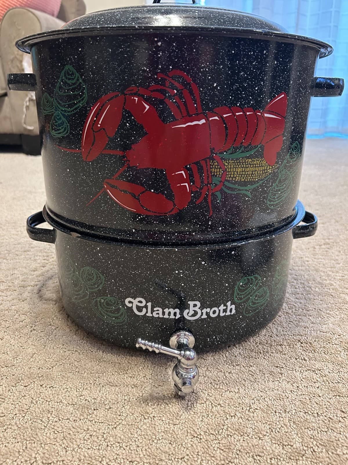 Vtg Black Speckled Enamel Double Steam Pot Clam Broth Lobster w/Spigot & Lid