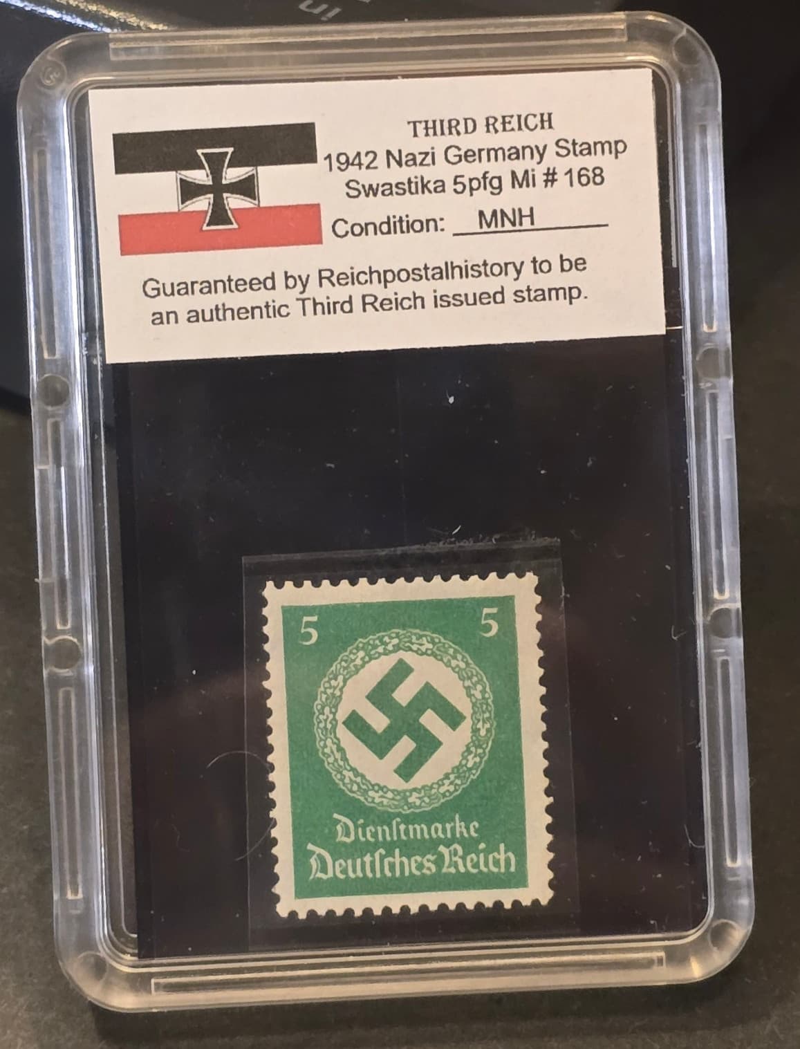 Third Reich WWII Nazi German Swastika NSDAP Stamp w Hard Slab Case 5Pfg Mi# 168